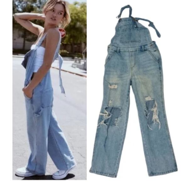 90s Grunge Overalls One Shoulder Women Sz S Lt Blue Distress Holes Shred Fray - Picture 1 of 15